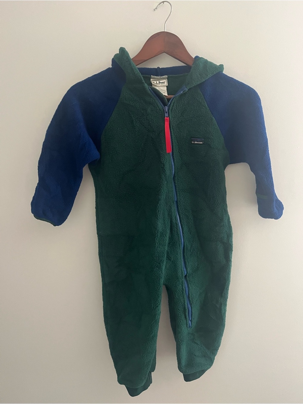 L.L. Bean Green Fleece One-Piece with Blue Sleeves and Hood- Baby